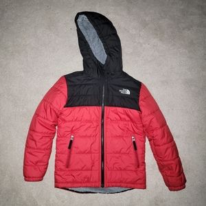 Boys Small 7/8 NORTH FACE Red/Black Puffer Coat Jacket Grey Fleece Hooded